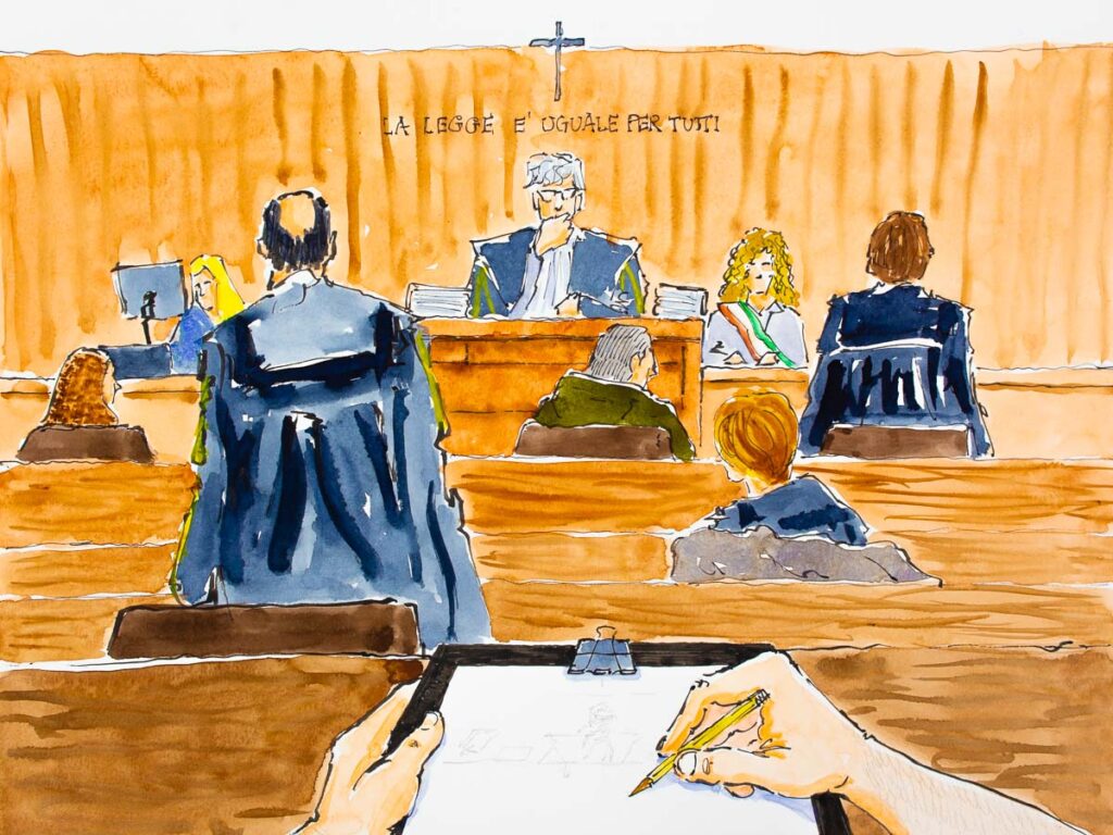 Svolgimento dell’udienza in Corte d’Assise di Como dal punto di vista dell’illustratore giudiziario