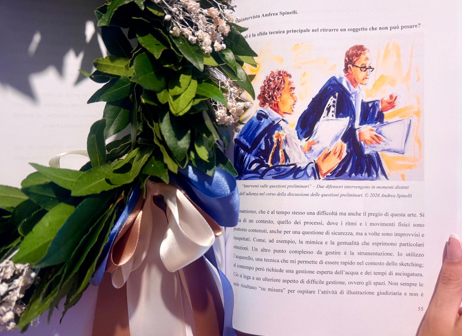 Pagina della tesi con illustrazione giudiziaria di Andrea Spinelli